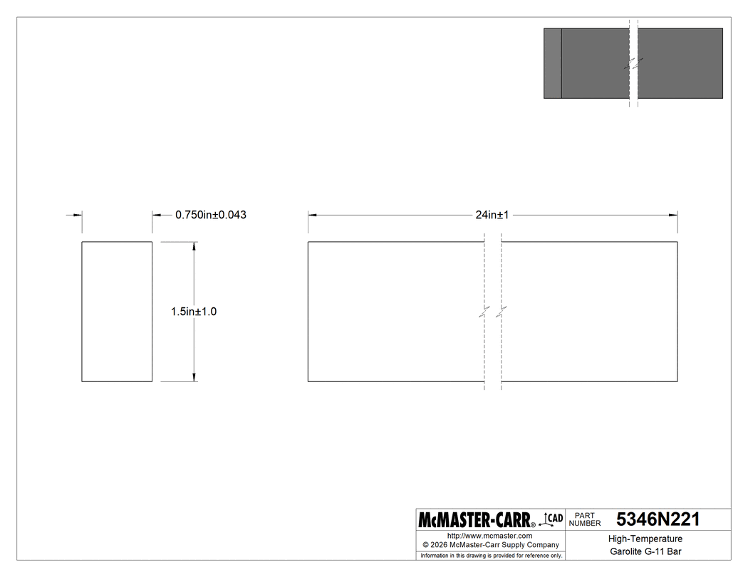 Technical Drawing of High-Temperature Garolite G-11 Bar, 3/4" Thick, 1-1/2" Wide, 24" Long.
